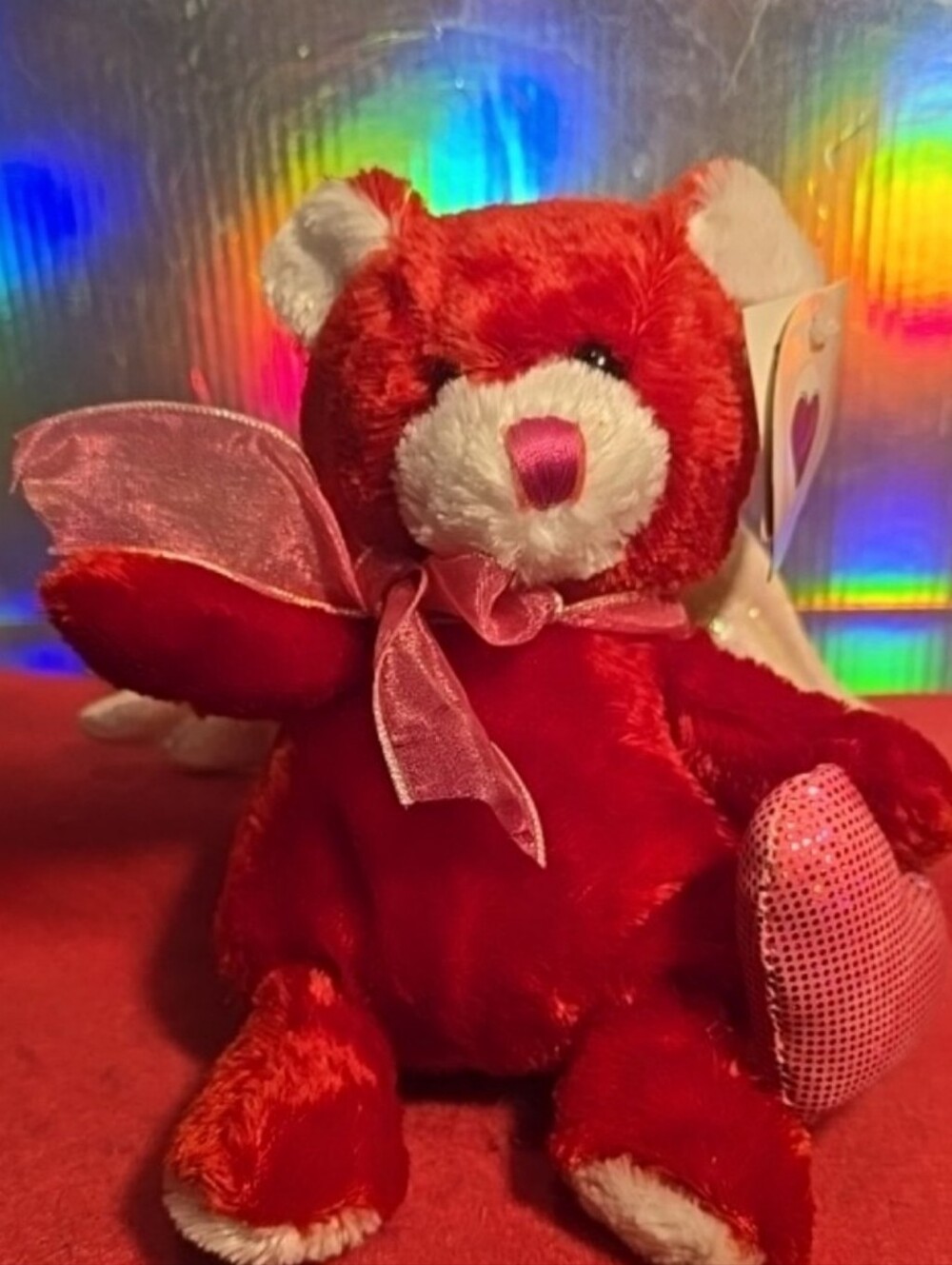091626  7' DAN DEE VALENTINE ANGEL TEDDY BEAR PINK BOW & HOLDING PINK SPARKLE PI
